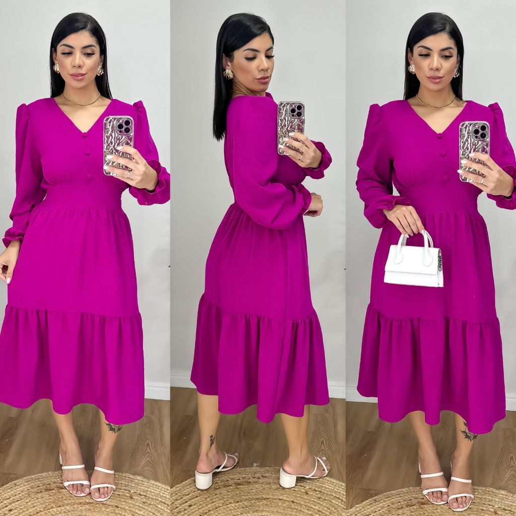 Vestido Midi Liso Feminino com elastex nas costas e com manga longa
