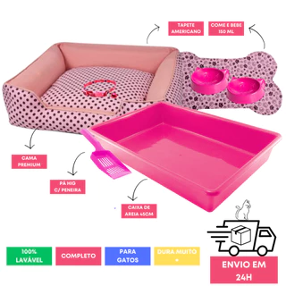 Kit Cama Pet + Caixa de Areia para Gato + Tapete para Comedouro e Bebedouro Pet + 2 Bolinhas + 1 Coleira Pet