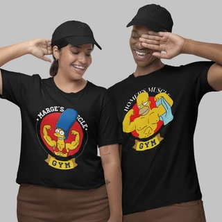 Camisetas Kit casal Academia fit Homer e Marge 100% Algodão ALL BLACK