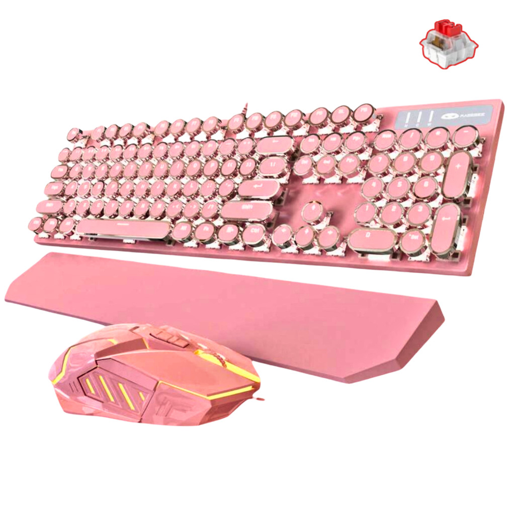 Kit Teclado Mecânico Gamer + Mouse Rgb + Apoio de Pulso Mk-storm Retro Magegee Teclas Redondas Punk Rosa