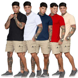 Kit de 4 camisa polo masculina lisa algodão piquet cores variadas