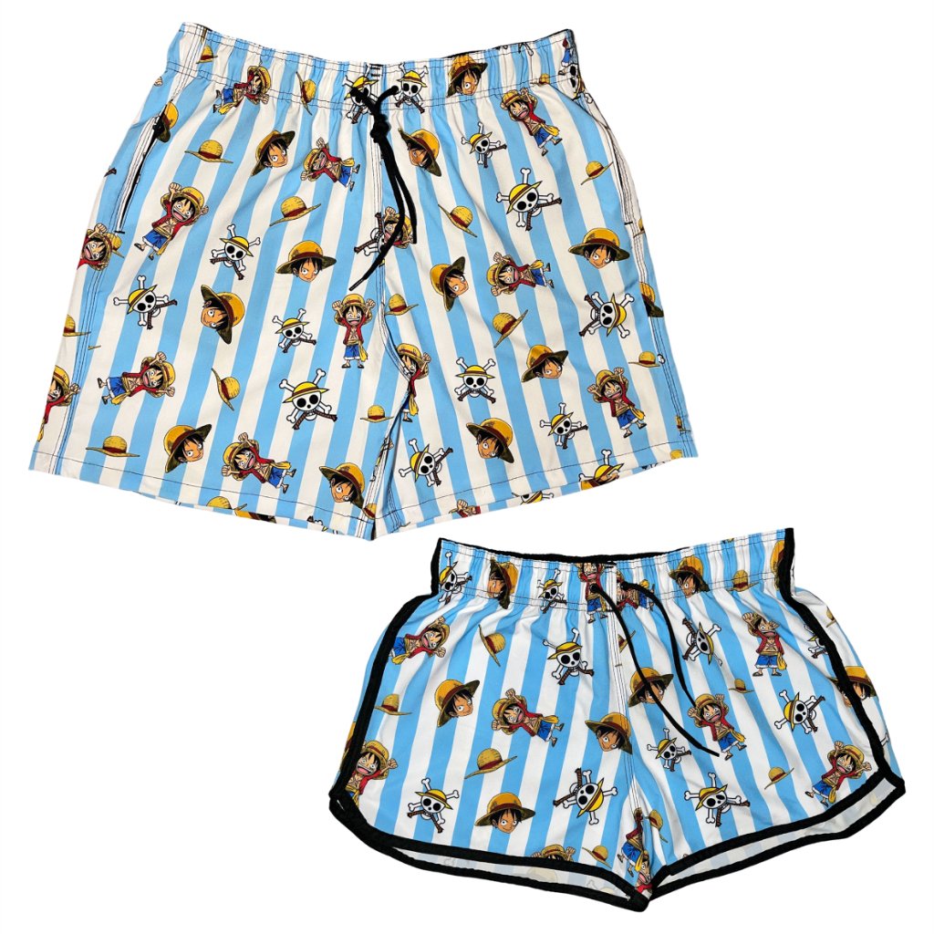 Kit Short Casal Anime Listrado Azul Conjunto One Piece Moda Praia