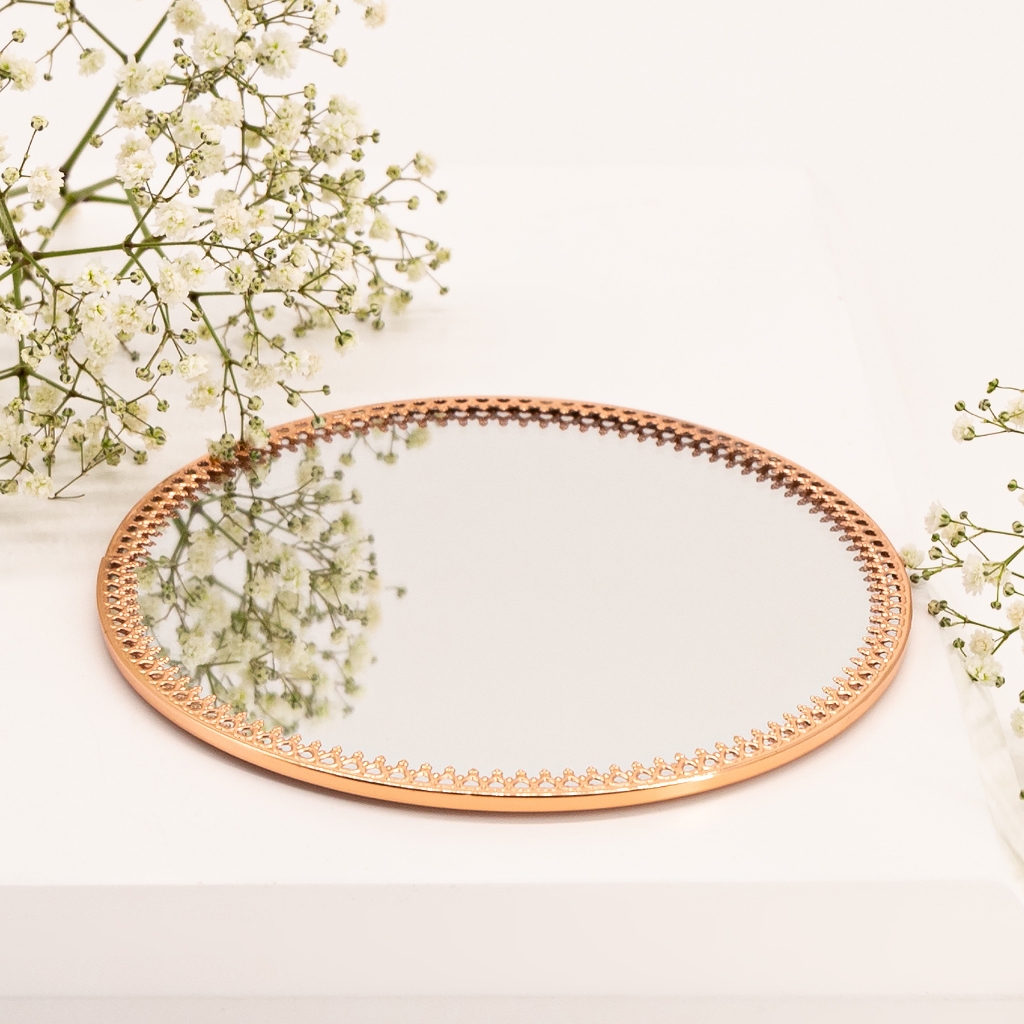 Bandeja em Metal Espelhada Espelho Decorativo Redondo P/ Lavabo/Sala/Cozinha Prata/Dourado/Rosé Gold