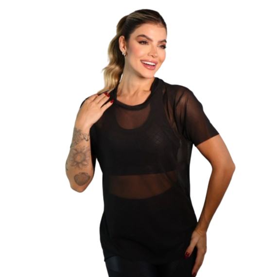 Blusa Tule Transparente Fitness Feminina Longa com Manga Academia Conforto Verão