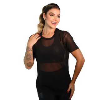 Blusa Tule Transparente Fitness Feminina Longa com Manga Academia Conforto Verão