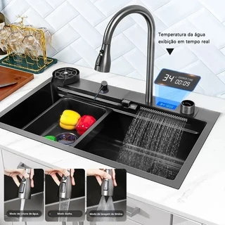 cuba Pia com cascata para cozinha torneira multifuncional com cascata de toque