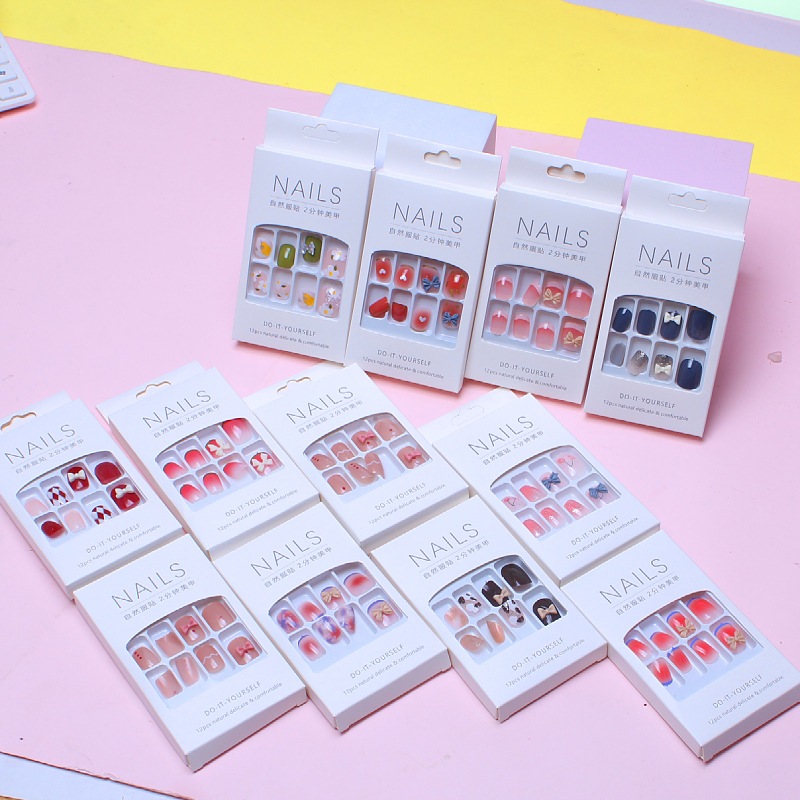 12 Peças unha postiça realista decorada com cola Pregos Falsos
