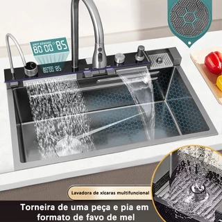 Kit Cuba Dupla Gourmet Aço Inox com acessórios75x45cm Mostra a temperatura da água+ Torneira Gourmet Monocomando