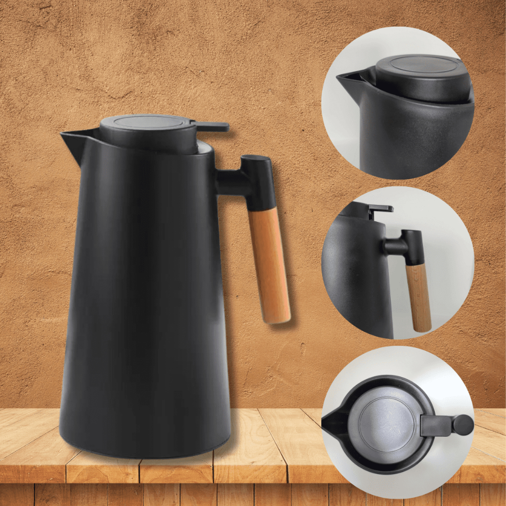 Garrafa Térmica 1L Café Chá Leite Chimarrão Cabo De Madeira Jarra Cafeteira Preta