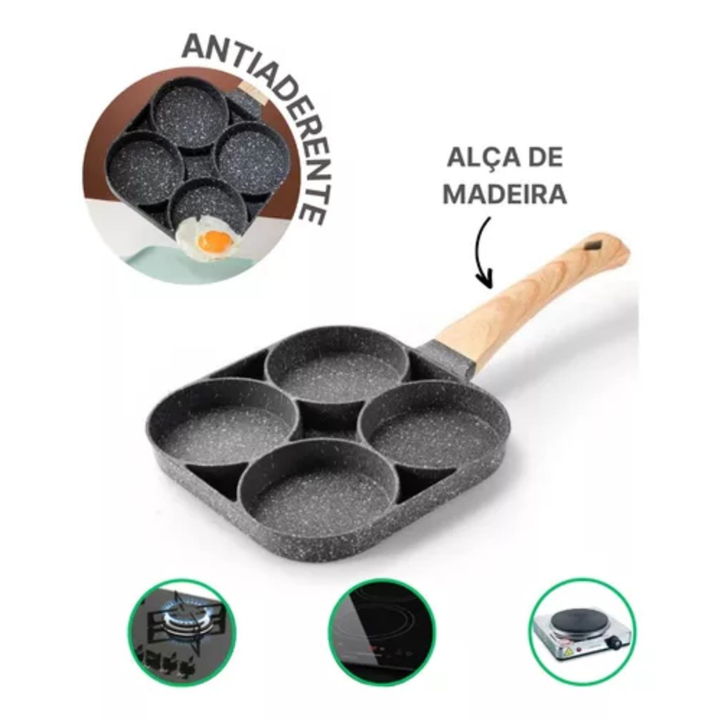 Frigideira Multifuncional Antiaderente 4 em 1 Ovos Hambúrguer Omelete Com  Alça De Madeira | Shopee Brasil