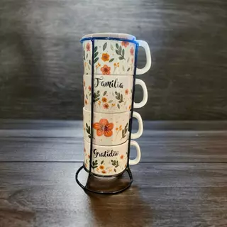 Jogo De Xícaras Empilhavel Café Chá Porcelana Com Suporte Ferro Aço Preto Kit 4 Floral Decoração