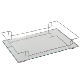 Bandeja Sofia Prata Decorativa de Metal e Base de Espelho 20x30cm para Organização