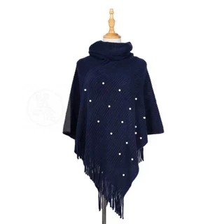 Poncho Feminino de canelada com pérola Gola Alta Casaco Lã Inverno