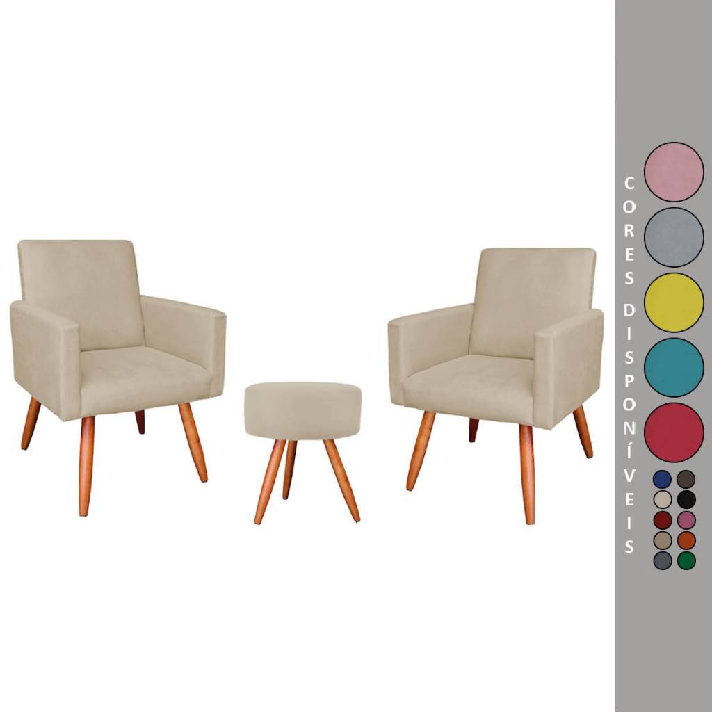 Conjunto 2 Poltronas Decorativas Nina e 1 Puff Redondo Pés Palito tecido suede Aninha Decor