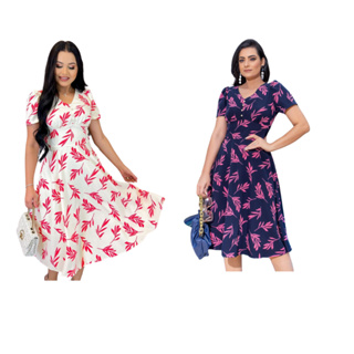 Kit Vestido Midi Godê Feminino Moda Evangélica azul e branco com estampa rosa.