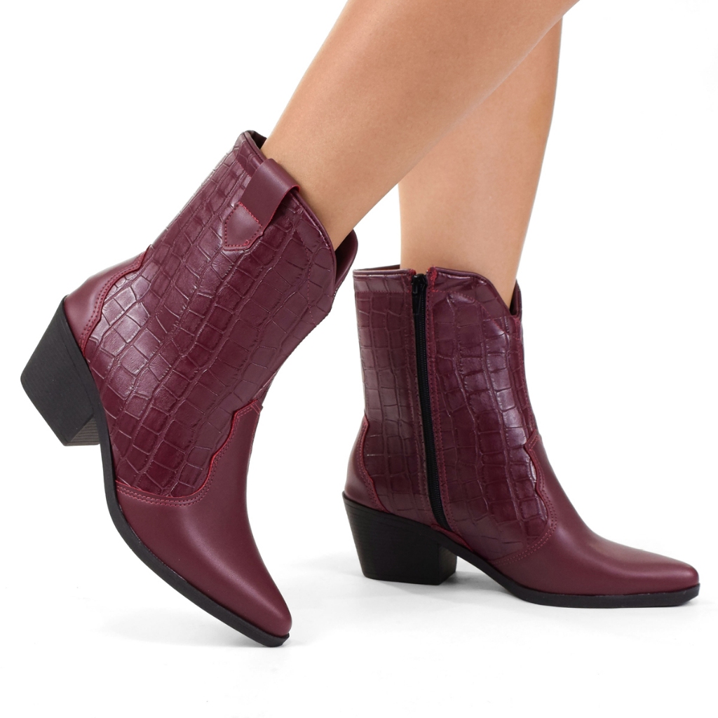 Bota Feminina Western Cano Médio Salto baixo Ziper Croco Country Vinho ...