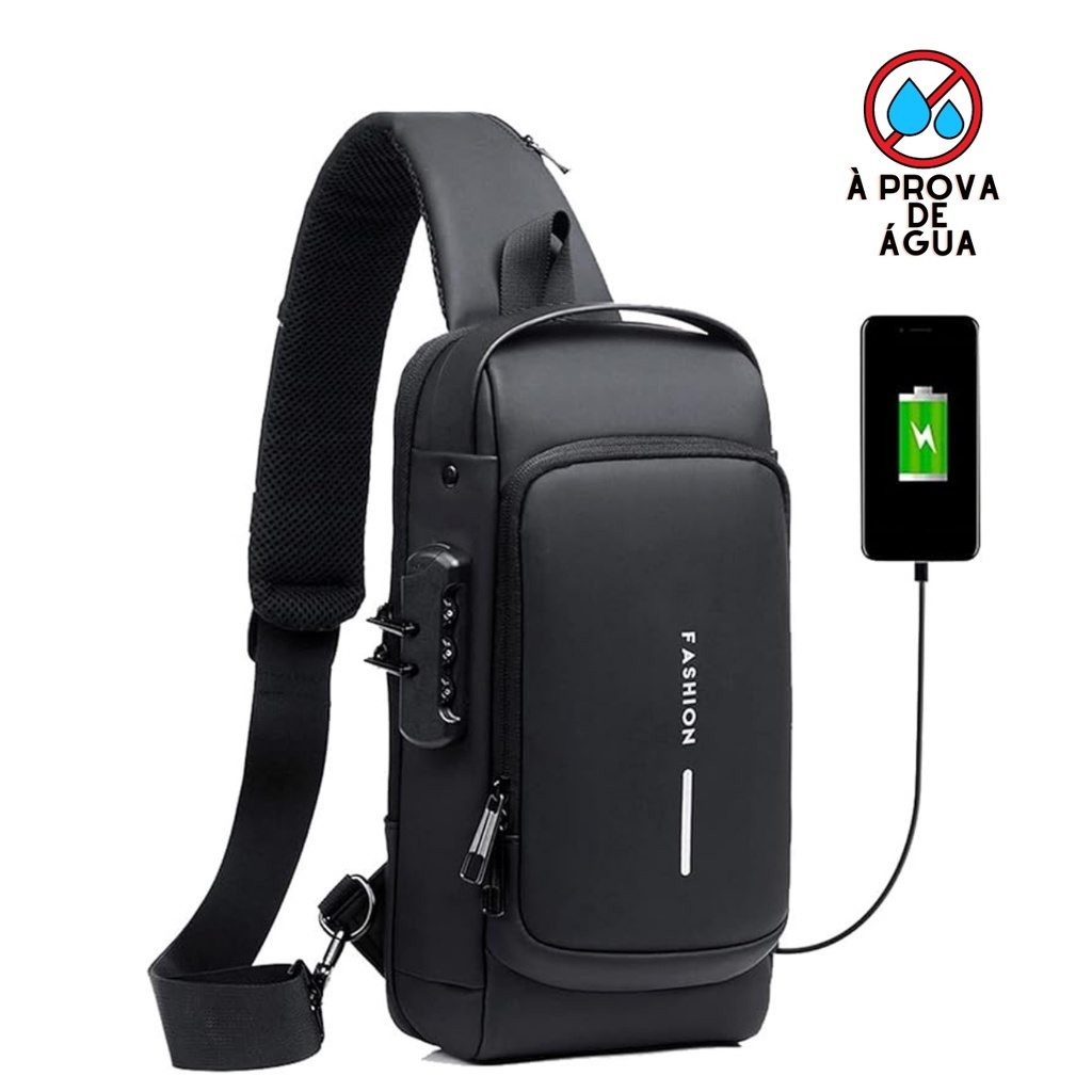 Mochila De Peito Masculina À Prova D'água Anti Furto Com Senha Entrada USB Bolsa De Ombro Tranversal Tipo Mensageiro WJ 301