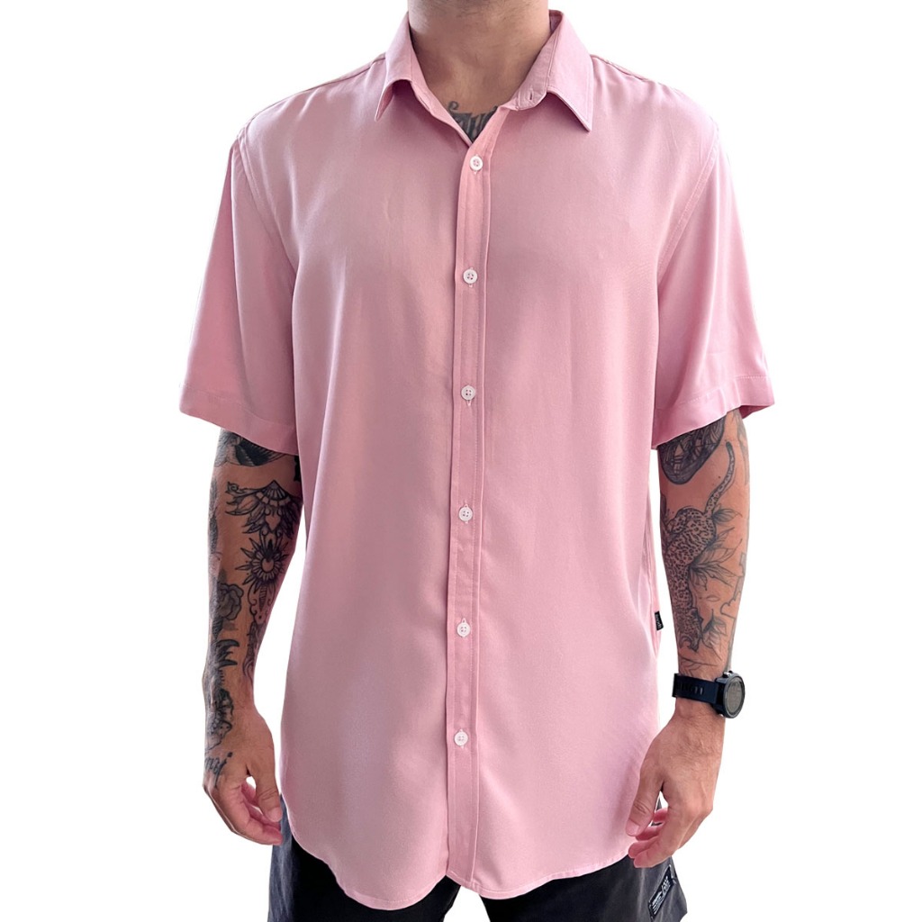 Camisa Masculina Rosa Claro Social Manga Curta Viscose Unissex | Shopee ...