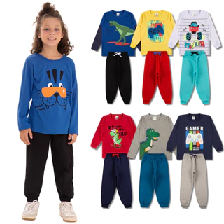 Kit Sortido 6 Peças de Roupas Masculino Infantil Inverno Meia Estação – 3 camisas manga longa + 3 calças de Moletom do 1 ao 10 – Promoção – Kit 3 Conjuntos - Blusa manga longa com Calça de moletom Menino