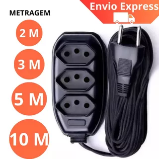 EXTENSÃO 2, 3, 5 ou 10 METROS - BIVOLT 110/220V 10A TRIPOLAR RESISTENTE COR PRETA