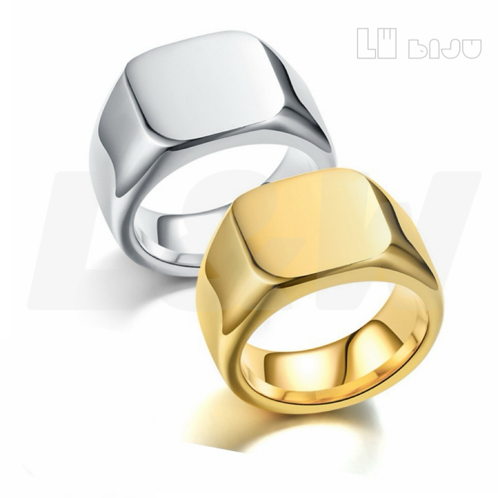 Anel Dedeira Masculino Quadrado Liso Dourado e Prata em Aço Inoxidável ...