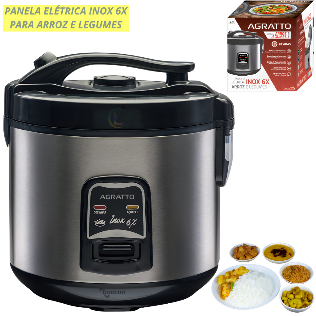 Panela Elétrica de Arroz 6 xícaras – Com legumeira – Multifuncional De legumes e alimentos em inox agratto 400w