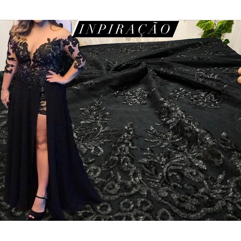Renda Black ball tule bordado em flores arabescas preto noite 1X1 ...