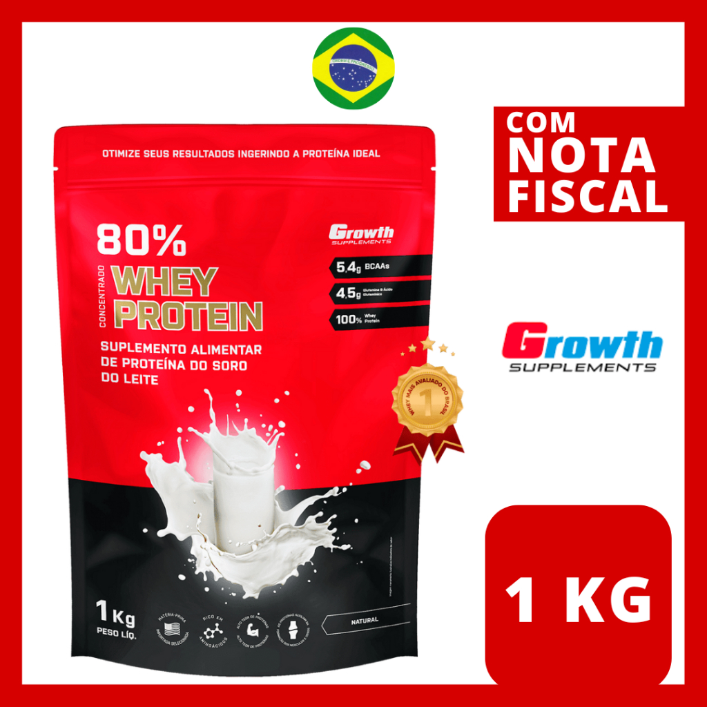 Whey Protein Growth 80% Concentrado 1kg TOP Original - Envio Imediato