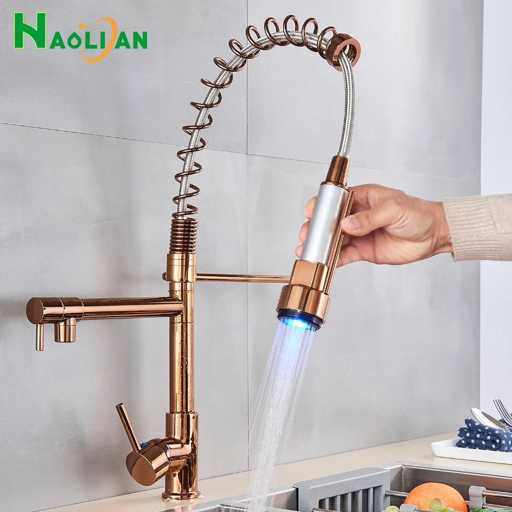 LED Torneira Cozinha Gourmet Monocomando Com Spray Extensor Torneira Cozinha Bancada Luxo Quente Fria Energia Hidráulica