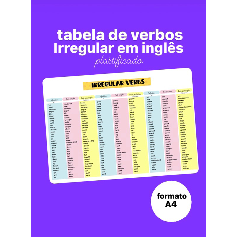 Tabela De Verbos Em Inglês Irregular Verbs Shopee Brasil