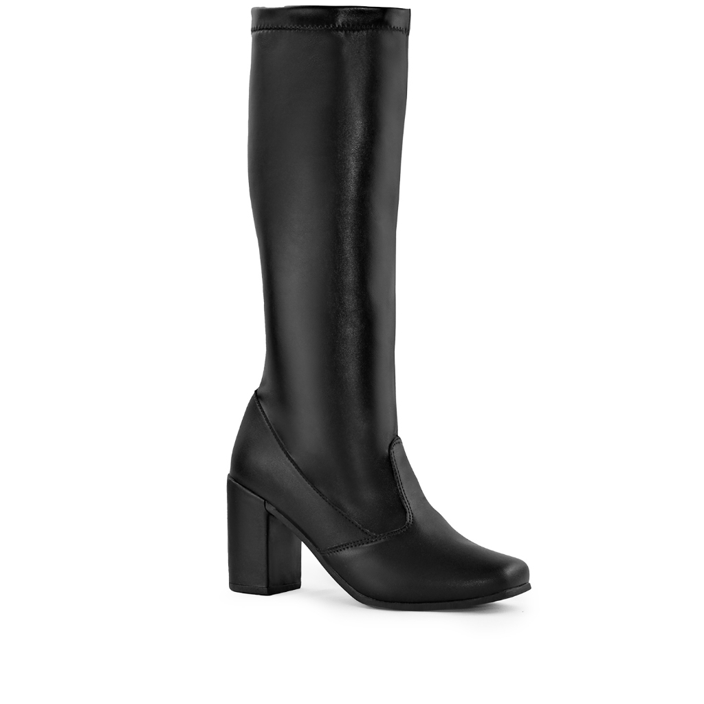 Bota Feminina Cano Longo Stretch Bico Quadrado Salto Alto Grosso Confortável Montaria Macia Fashion Blogueira