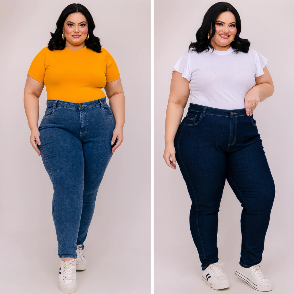Modelo plus size vestindo calça jeans azul com blusa amarela e calça jeans escura com blusa branca