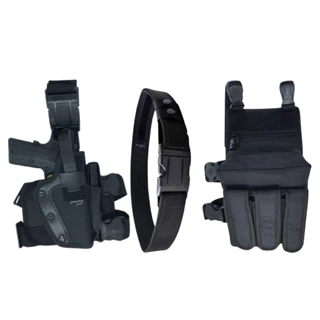 Coldre Perna Militar Robocop Cintura + 1 Cinto de Guarnição N.A + Bornal Tático com 3 Bolsos para Carregadores Preto