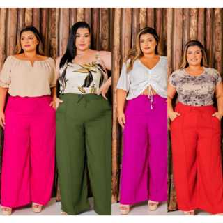 calça pantalona wide leg plus size feminina em duna com bolso moda feminina