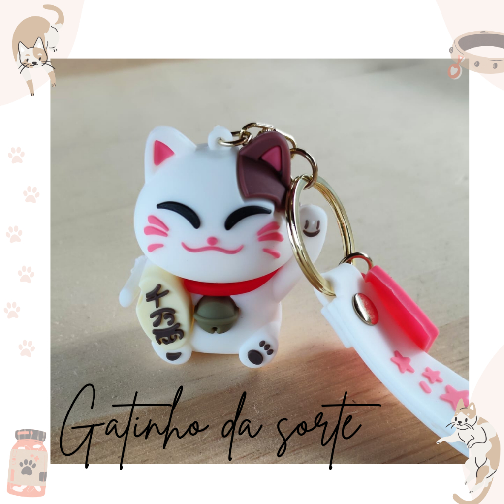 Chaveiro Gatinho Branco com coleirinha Maneki Neko da Sorte