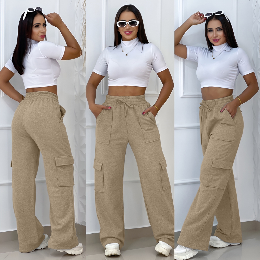 Calça Moletom Flanelada Pantalona Cargo Feminina Estilosa inverno