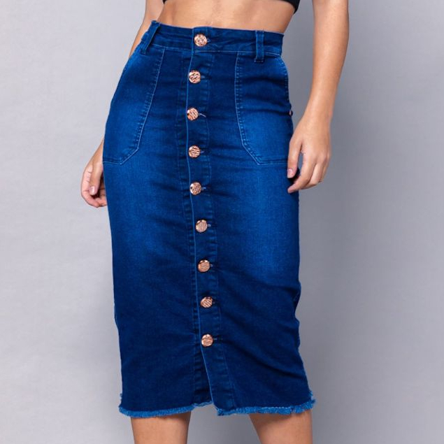 Saia Jeans Midi Premium Com Botões na Frente Moda Feminina