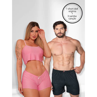 CONJUNTO CASAL ELE E ELA 1 SHORT BABY DOLL VIRGINIA + 3 SAMBA CANÇÃO CORES VARIADAS