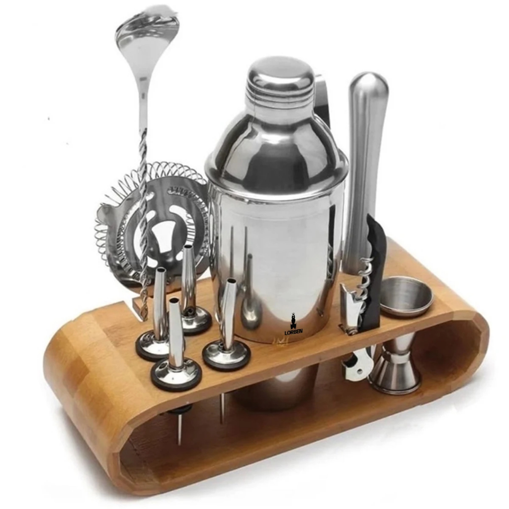 Kit Coqueteleira Bar Inox 12 Peças 550 ML Com Base Organizadora de Bambu