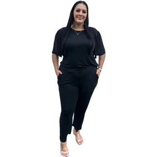 Conjunto Feminino Plus Size Calça Pantalona e Blusa Manga Babado
