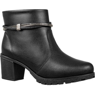 Bota Feminina GiGiL Salto Grosso Baixo Cano Curto Tiras Abauladas Strass Zíper Macio Detalhe Confortável Blogueira Moda Atual