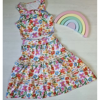 Conjunto Infantil Menina Cropped Saia Longa Estampado 4 ao 8 Roupa Criança Colorido