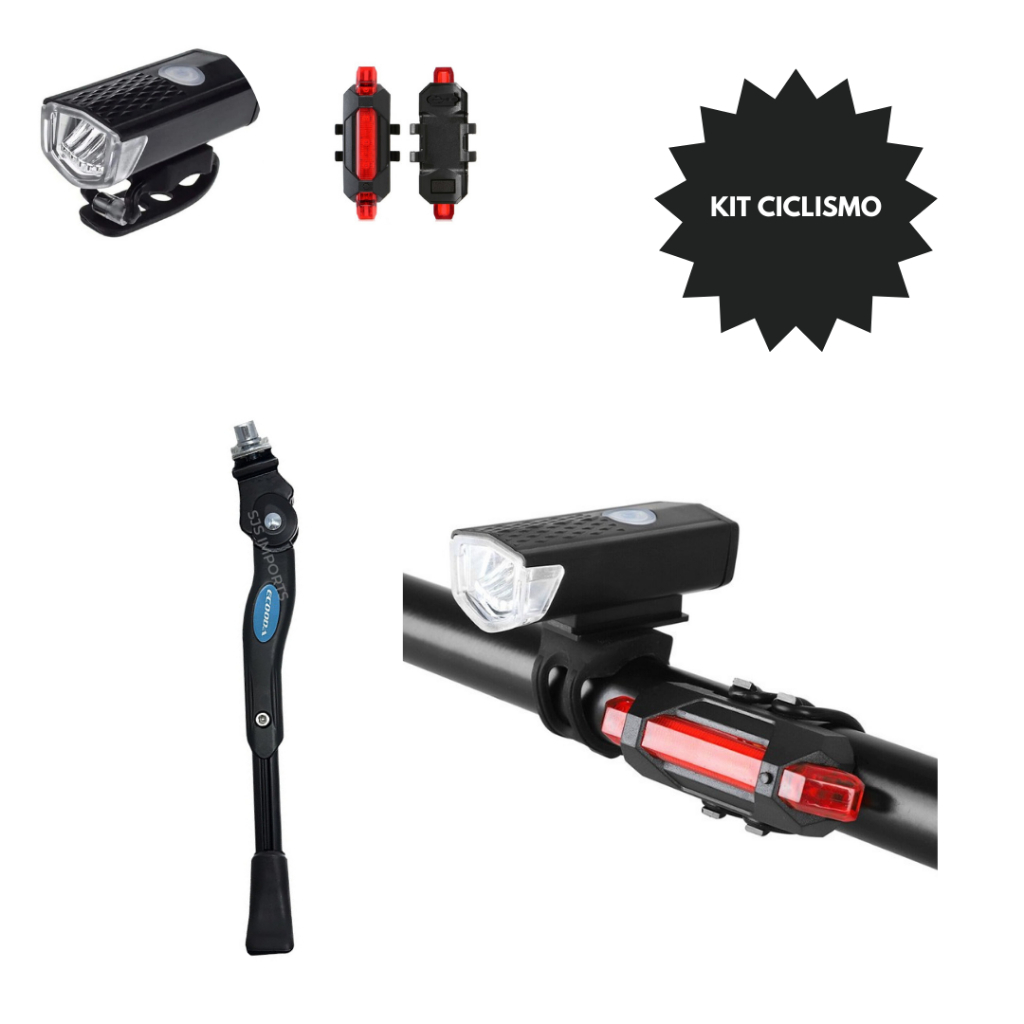 Kit Farol Lanterna Dianteira Bike + Sinalizador Segurança Traseiro Recarregável + Pezinho Descanso