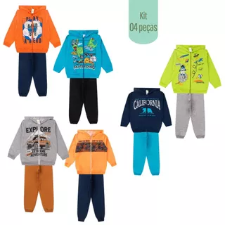 kit 2 Conjuntos Moletom Infantil Masculino Blusa Calça Flanelado Agasalho Menino Capuz Ziper Punho tamanhos 04 06 08