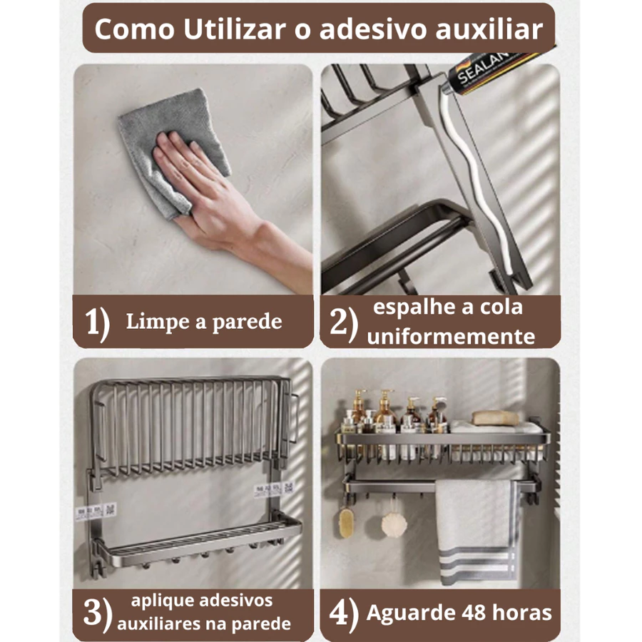 Porta Toalha Prateleira Organizadora C/ Ganchos Luxo Elegante Premium Retratil 90° — foto 4 de 4