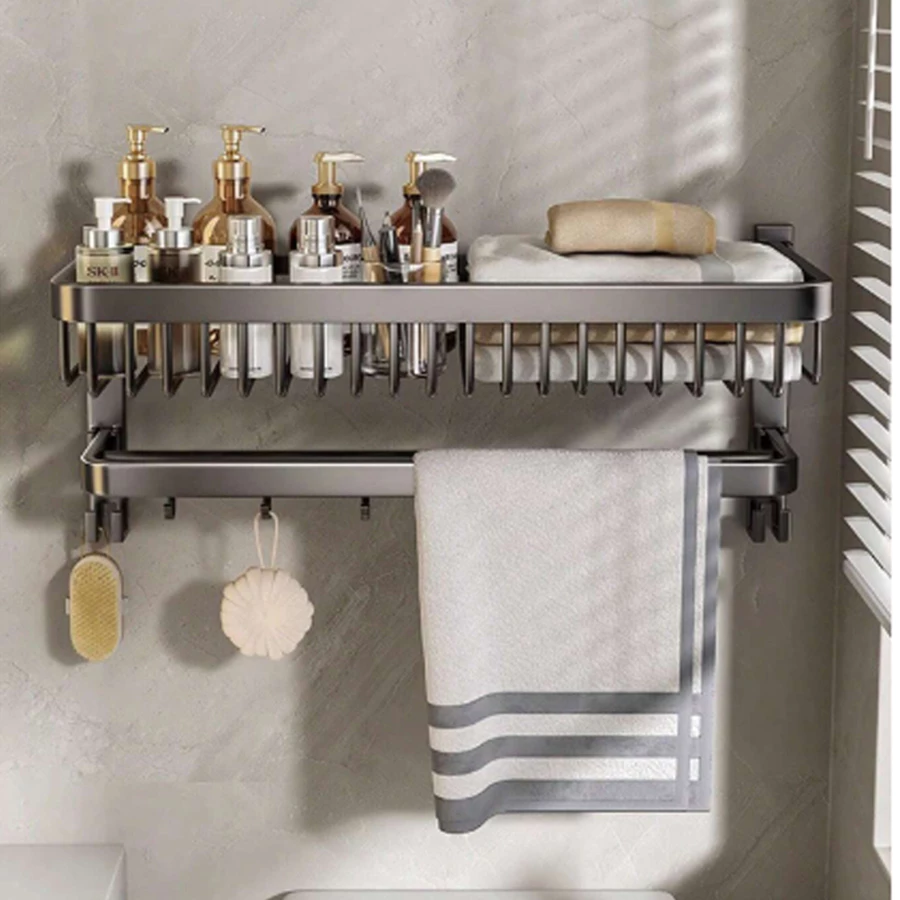 Porta Toalha Prateleira Organizadora C/ Ganchos Luxo Elegante Premium Retratil 90°