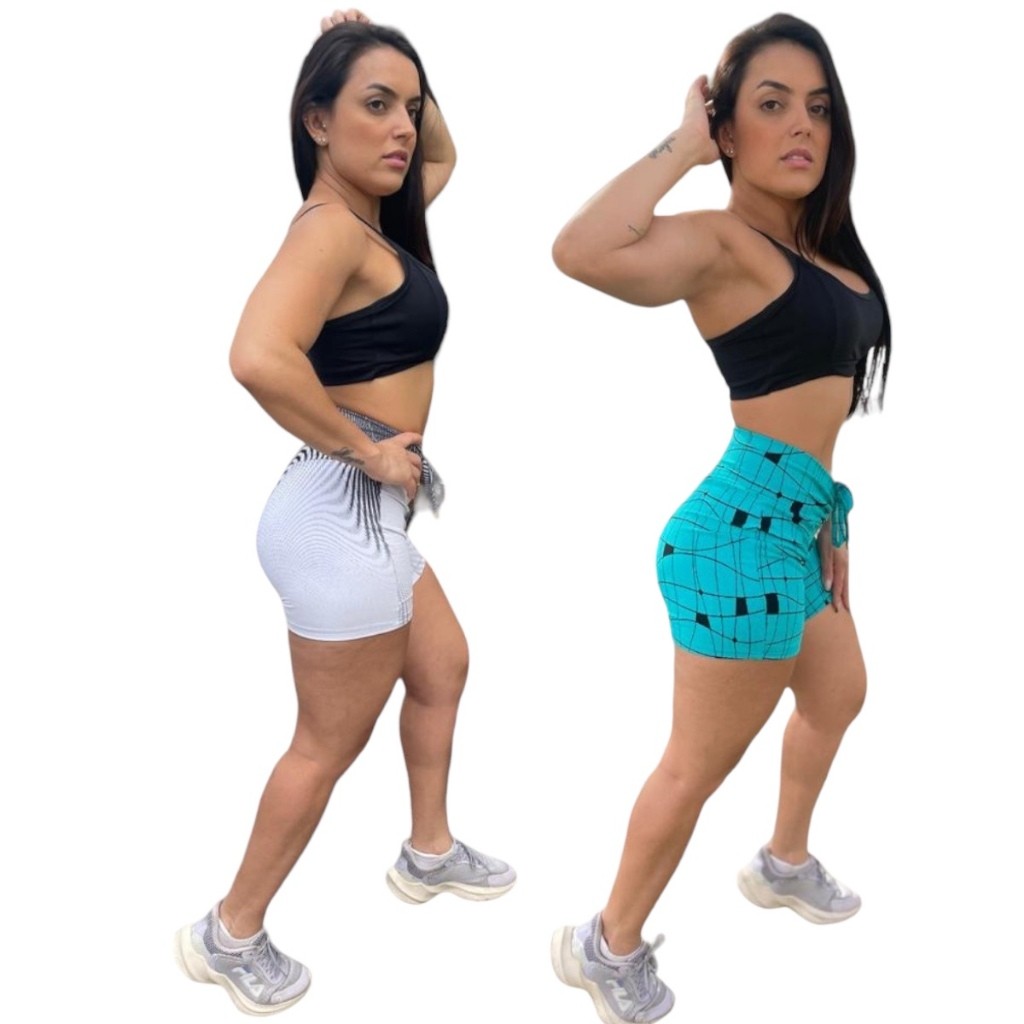 KIT 02 Shorts Academia Bermuda com Cordinha Jacquard Blogueira Tiktok Roupa para Malhar sem Transparencia Confortavel Cintura Alta Moda Fitness TikTok Shorte Feminino Ciclista treino yoga caminhada dia a dia casual crossfit zumba