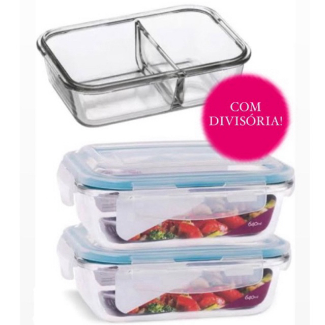 Kit 2 Potes Herméticos Vidro 640ml Com Divisória Tampa 4 Travas Resistente Para Marmitas