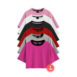 Kit 3 Blusas Cropped Feminino Básico Promoção Sem Estampa Curto Estilo Blogueirinha de Algodão 100% Colorido Top Carnaval 2024