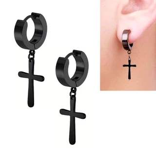 Par de brincos de argola com cruz em aço cirúrgico preto masculino ou feminino